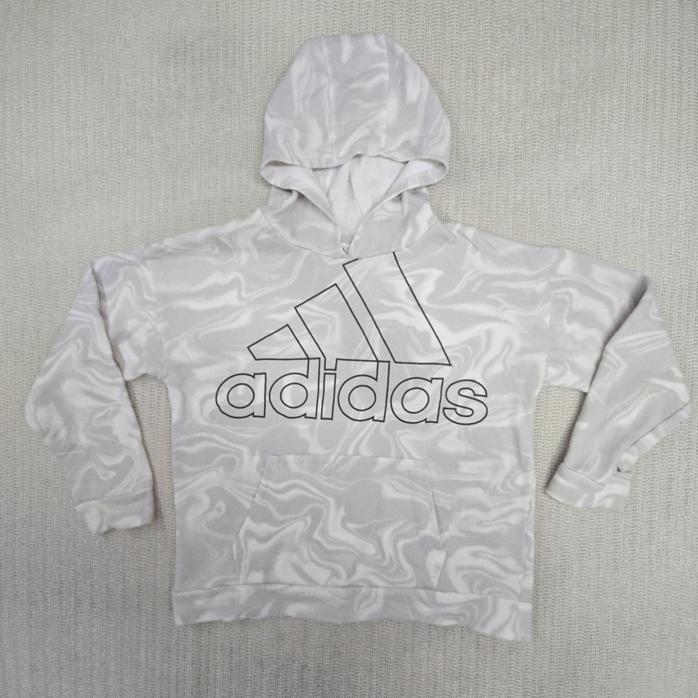 Adidas Hoodie Youth XL 16 White Marble Logo Graphic Fleece Pullover Sweatshirt